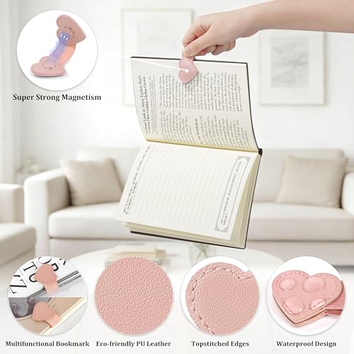 2Pcs Magnetic Leather Bookmarks with Pen Holder Gift Box, Heart-Shaped Magnetic Book Marks for Book Lover Readers Cute Leather Bookmark for Women Girls (Pink) - color: Pink