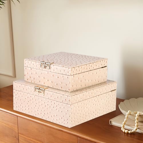 HofferRuffer Square Decorative Boxes, Set of 2 Nesting Storage Memory Keepsake Boxes with Lids, Stylish PU Leather Trinket Jewelry Organizer Box for Home Decor and Storage (CreamWhite Ostrich) - color: CreamWhite Ostrich
