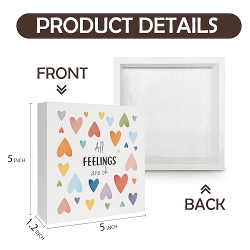 All Feelings Are OK Mental Health Wooden Box Sign for Classroom, Therapy Office Decor, Mental Health Awareness Wood Signs for School Counseling Office Classroom Desk Table Shelf, 5x5 Inch - color: Mental Health-All Feelings Are OK