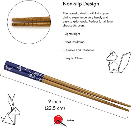 Bamboo Chopsticks Set, Japanese Reusable Wooden Chopsticks with Traditional Pattern Designs, Non Slip Tips Dishwasher Safe Asian Chopsticks for Sushi Ramen Noodles Rice Dining (2, Blue Print) - color: Blue Print