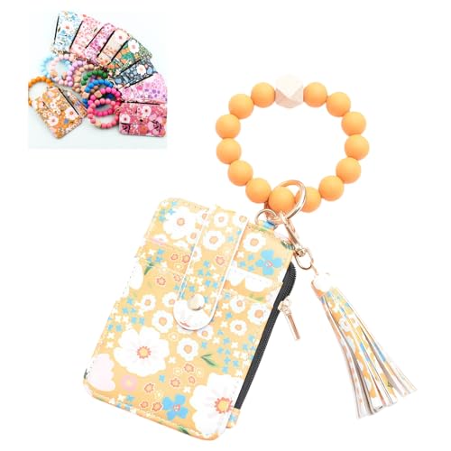Flower Keychain Wristlet Wallet for Women, Cute Silicone Beaded Credit Card Holder Key Ring Bracelet Wallet - color: D-yellow