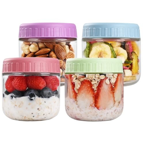 SHOWIN Overnight Oats Containers with Lids, 10oz Glass Jars with Lids 4 pcs, Candy, Wide Mouth Mason jars for Salad, Yogurt, Snacks, Meal Prep - color: Candy, size: 10oz-4pc