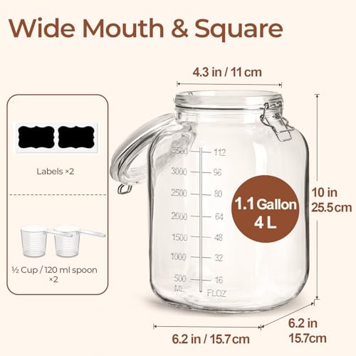 ComSaf Large Square Glass Jars with Airtight Lid 1 Gallon 2 Pack Wide Mouth - size: 1.1 gallon x 2 - Wide Mouth