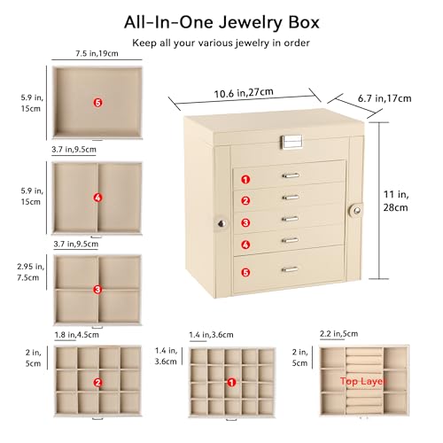 Frebeauty 6-Layer Jewelry Box for Women,Large Jewelry Organizer with Drawer - color: Beige, size: Large