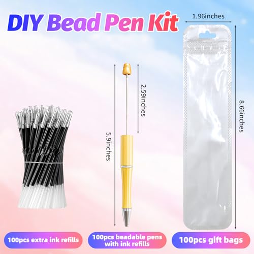 300 Pieces DIY Beadable Pens Kit - 100 plastic Beadable Pens Bulk, Refills & pen bags Included - Beaded Pens Black Ink Ballpoint Cute Pens for Students Teacher（Yellow+Golden） - color: Yellow, size: 100