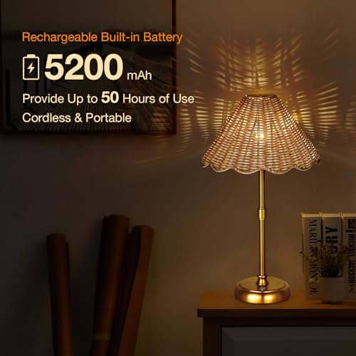 Cordless Boho Rattan Table lamp, 5200-mAh Rechargeable Battery, 3-level Brightness Dimmable, Build-in Integrated LED 320 Lumen Max, Rattan Shade, for Bedside Restaurant Resort Hotel Dining Table - color: 16'' Tall Gold
