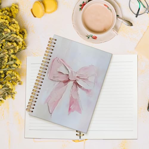 MOFUYU Pink Bows Notebook for Women,Coquette Pink Bow Spiral Notebook - color: white(Pink)