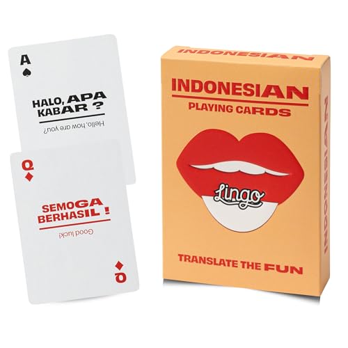 Lingo Indonesian Playing Cards | Indonesian Culture & Language Learning Flashcards for Adults | 52 Bahasa Indonesia Phrases with Pronunciation | Fun Gift for Bali & Indonesia Travelers