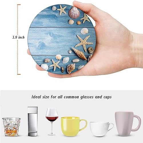 Coasters for Drinks, Set of 6, Ceramic Stone Summer Beach - color: Shell Wooden