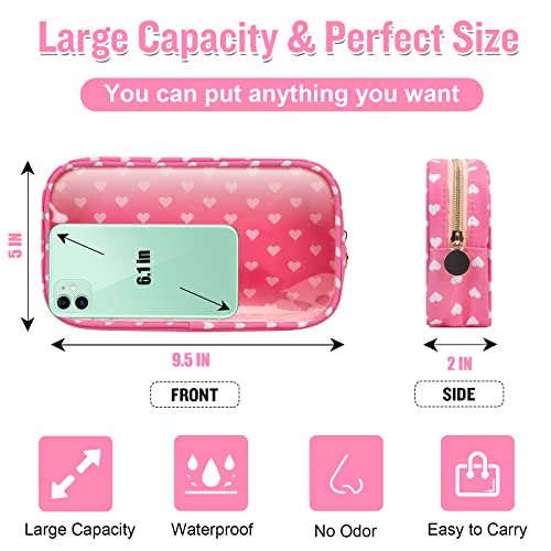 Small Clear Travel Makeup Organizer Bag for Purse, Preppy Makeup Bag Cute Cosmetic Zipper Pouch Purse, Transparent PVC & Nylon Waterproof Makeup Brush Bag Toiletry Storage for Women Girls(Pink Heart) - color: Pink Heart-Clear, size: Small