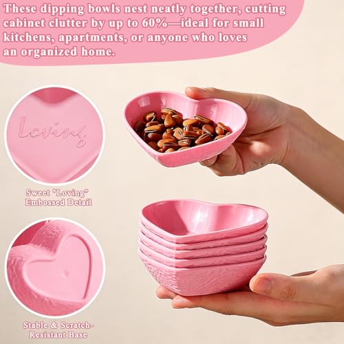 HOMQUEN Dipping Bowls, 3oz Soy Sauce Dish, Pturdy Plastic Small Bowls Set of 6, Pink Love Heart Mini Appetizer Plates for Sauce, Soy Sauce, Condiment, Side Dishes, Sushi, Ketchup, BBQ Party - color: Pink