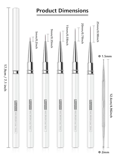 Nail Liner Brush, Fine Line Nail art Brushes 5/9/15/20/25mm Thin Line Nail Brushes Detail Drawing, Liner Brush for Nails Gel (White) - color: White
