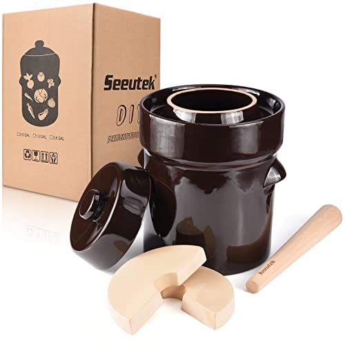 SEEUTEK Fermentation Crock Jar 1.3 Gallon for Sauerkraut Pickling Kimchi - size: 5L