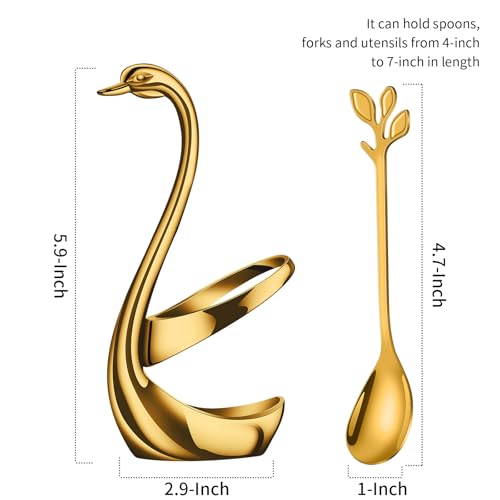 AnSaw Gold Swan Base Holder Set with 10 Pcs 4.7" Mini Leaf Spoons & Forks - color: Gold Swan