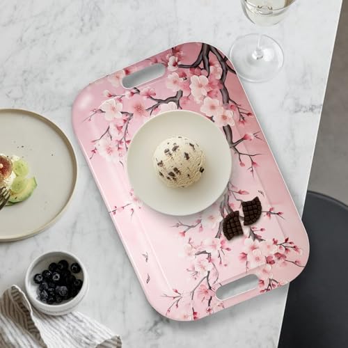 Serving Trays with Handles, 14.5 x 9.8 inch Rectangular Plastic Tray for Restaurant, Kitchen, Pink Cherry Blossom - color: Pink Cherry Blossom