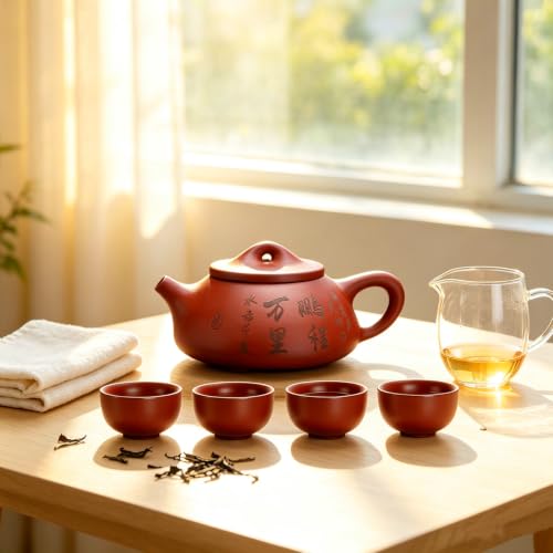 Zisha Teapot Teacup Set, 6 oz Yixing Purple Clay Tea Pot and 4 Cups