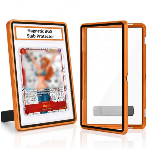 Magnetic BGS Slab Protector with Foldable Kickstand - UV Protection Tempered Glass & Aluminum Metal Bumper for 35PT Beckett Graded Cards, 9-Point Secure Lock Display Guard & Clear View (Orange) - color: Orange, size: BGS Card Case