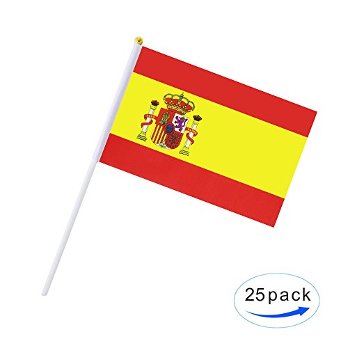 25 Pack Hand Held Small Mini Spain Spanish Stick Flag Round Top National Country Flags,Party Decorations Supplies For Parades,World Cup,Festival Events,International Festival - color: Spain