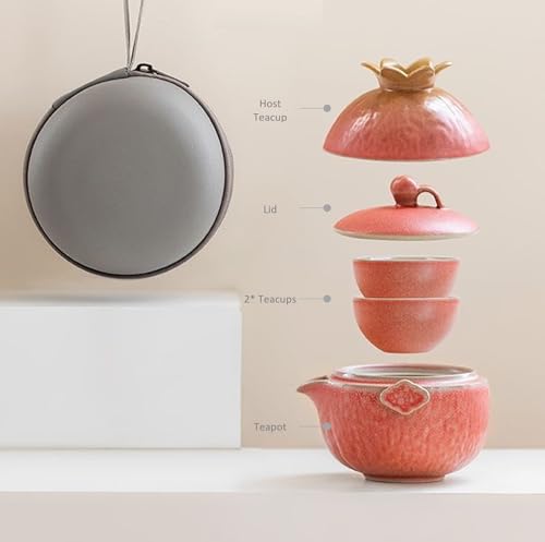 Pomegranate Shape Travel Teapot, Portable Ceramic Tea Set, 1 Pot 3 Mini Cups, Tea Set for One to Three, Tea Gift for Tea Lovers