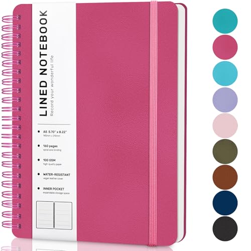 Lined Spiral Notebook for Women, A5 College Ruled Leather Spiral Journals - color: Raspberry White, size: A5