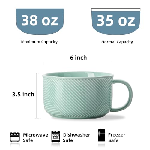 Ceramic Soup Bowl with Handle, 38 oz Microwave Safe, Mint Green - color: Mint Green