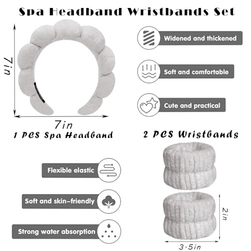 Spa Headbands for Washing Face Wristband Set Sponge Makeup Skincare Headband Wrist Towels Bubble Soft Terry Towel Cloth Hairband for Women Puffy Headwear Non Slip Thick Thin Hair Headwear (Gray) - color: Gray