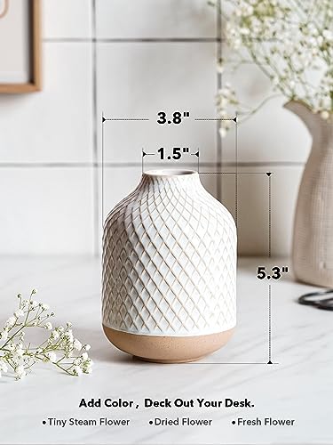 Small Boho Vase for Decor,Rustic Farmhouse Vase for Pampas Grass,Eucalyptus Set and Tiny Stem Flowers,Ceramic Vintage for Centerpieces, 5.3 Inch -Rhombus, Embossment - color: Rhombus