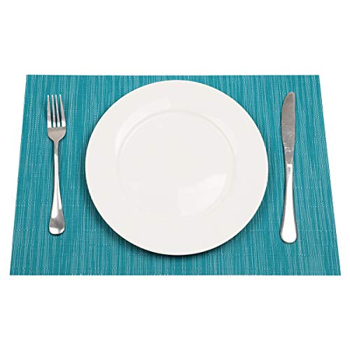 SHACOS Woven Vinyl Placemats Set of 6 Wipe Clean Wasahble Place Mats for Dining Table Heat Resistant Non Slip Table Mats (6, Teal Blue) - color: Teal Blue, size: Set of 6