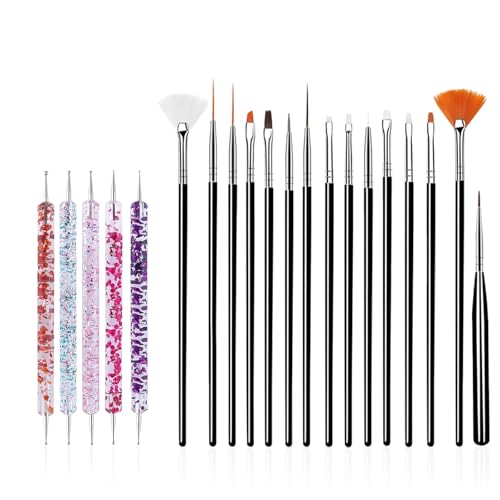 FULINJOY 20PCS Nail Art Design Tools - 15PCS Nail Art Painting Brushes (Black) with 5PCS Double-end Nail Dotting Pens