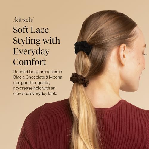 Kitsch Ruched Lace Scrunchies For Women - Black, Chocolate & Mocha, 5pc Set - color: Chocolate & Mocha