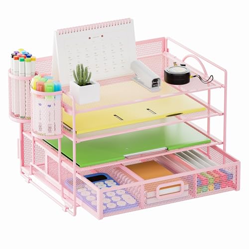Marbrasse Desk Organizer, 4-Tier Paper File Letter Tray, Pink - color: Pink with Pen Holder
