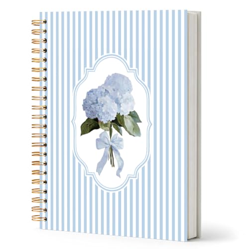 Blue Hydrangea Floral Spiral Notebook,Preppy Girly Hydrangea Bouquet Journal for School Office Supplies,Aesthetic Blue Striped Hardcover Journal 5.5x8.3 Inch - color: Bule Stripe Hydrangea