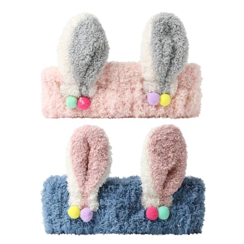 PERFECTSIGHT Kawaii Headband for Spa, Makeup, Washing Face, Party - 2 Pack Cute Hair Band for Shower Beauty Skincare, Soft Facial Headbands for Girls and Women (Pink+Blue Rabbit Ear) - color: Pink+Blue Rabbit Ear