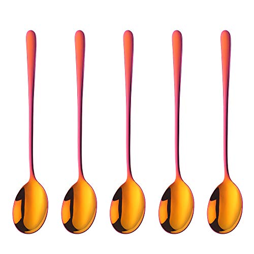 Buyer Star 5-pieces Rainbow Red Dinner Table Spoons 8-Inch Stainless Steel Metal Korean Soup Spoons - color: rainbow red