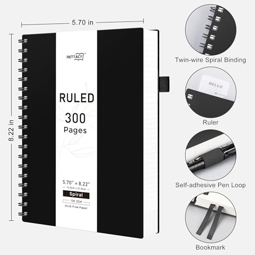 RETTACY Spiral College Ruled Notebook, 300 Pages, A5 Size (5.7" x 8.2") - color: Black, size: 5.7" x 8.2"