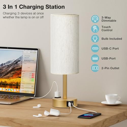 Fenmzee Gold Bedside Lamp for Bedroom, Dimmable Touch, USB A+C, AC Outlet - color: Cream - Gold, size: 14"