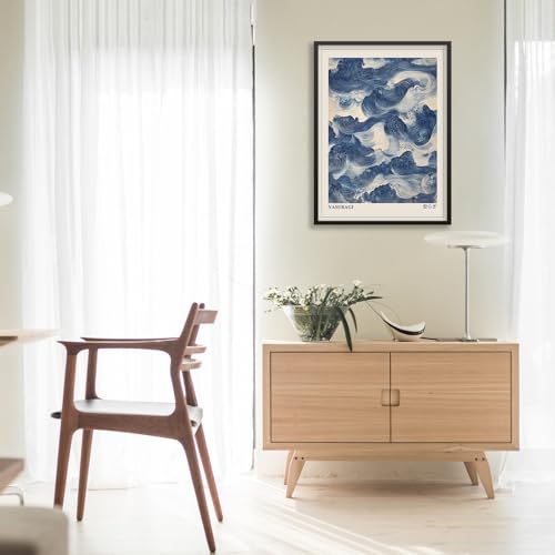 Japanese Blue Waves Wall Art Vintage Oriental Japandi Wabi Sabi Poster 08x10 inch Black Framed Abstract Giant Waves Canvas Prints for Minimalist Living Room Wall Decor - color: Trendy 3-BFramed, size: 10"L x 8"W