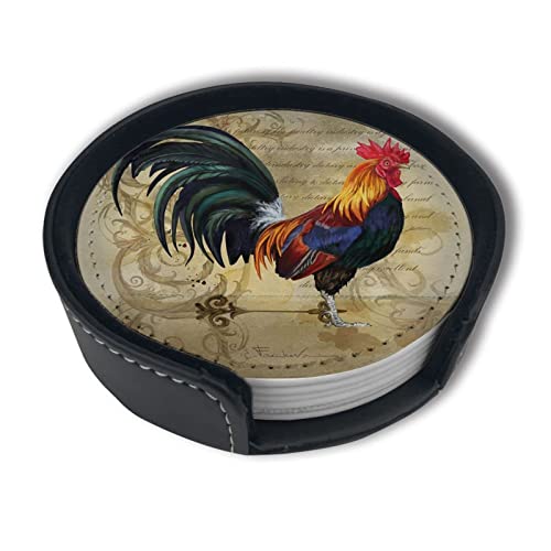 Vintage Rooster Coasters for Drinks with Holder Leather Coasters Set of 6 Table Decor Protect Furniture from Water Marks Scratch and Damage - color: Black3