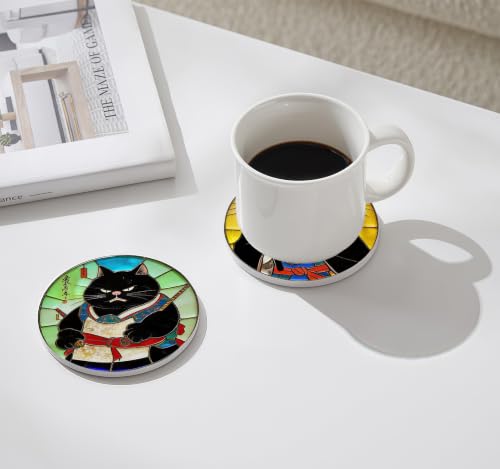 Nikyi 6 Pcs Cat Ceramic Absorbent Coasters, Round Drink Coaster with Metal Holder and Cork Base, for Coffee Table Kitchen Bedroom Living Office Desk Home Decor or Funny Gifts - color: Cat Ninja