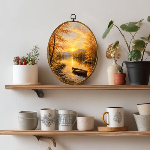 Fall Lake Oval Wall Art, Framed Canvas Decor, 8.5x11.5 Inch - color: Sunset Lake Boat Autumn Landscape