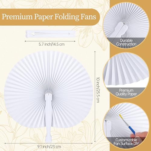 Aneco 200 Pieces Round Paper Folding Fans, White Foldable Handheld Fans with Plastic Handle, Wedding Decorative Folding Hand Fan with Storage Basket for Bridal Guest Church Party Favors DIY Crafts