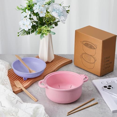 2 Sets Large 45oz Cute Pig Ramen Bowl Set Microwavable Pink, Purple - color: Pink,Purple