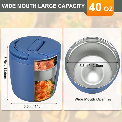 MAXSO Lunch Container 40 oz for Adults Stainless Steel Vacuum Insulated Food Jar, Soup Thermo for Hot Food Thermal Bento Box, Wide Mouth Leakproof Buckle Lid with Spoon - Blue - color: Blue