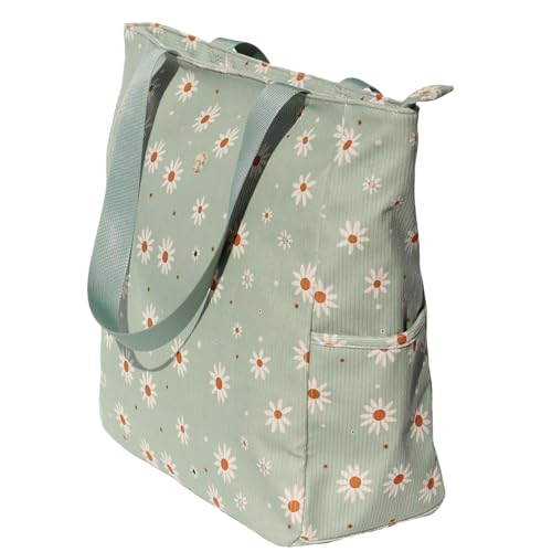 ESVAN Original Floral Water Resistant Large Tote Bag Shoulder Bag for Gym Beach Travel Daily Bags Upgraded - color: Corduroy Matcha Daisy