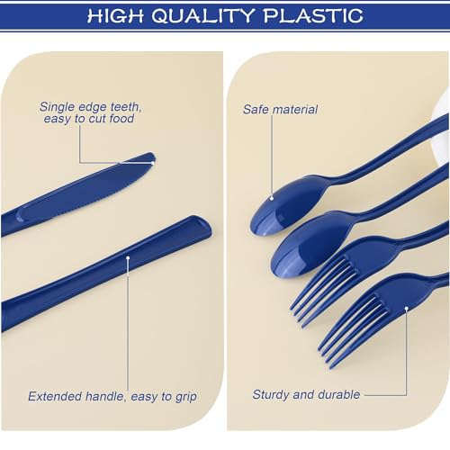Kochorie 300 Pieces Dark Blue Plastic Silverware with Spoons Forks Knives - color: Dark Blue