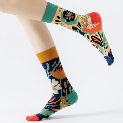 2 Pairs Cartoon Animal Crew Socks Fun Cotton Mid Calf Socks for Women - color: Florals
