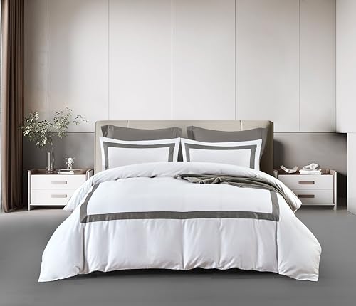 Duvet Cover Set 2 pcs(1 Duvet Cover+1 Pillowcases) 100% Cotton White Sateen Woven Hidden Zipper Closure Breathable Soft (Ray Grey, Twin) - color: Ray Grey, size: Twin