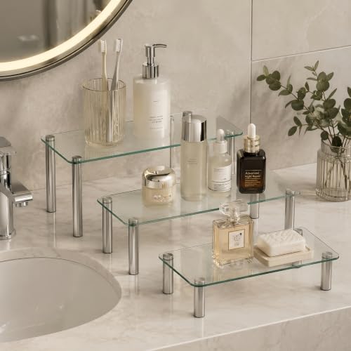 6 Piece Tempered Glass Display Stands Set, Clear Table Organizer Risers - size: Round + Rectangular