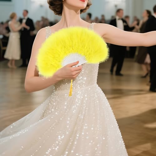 whitefeather Vintage Feather Hand Fan, 17.7 x 11.8 inches, Marabou Feathers, 1920s Style for Costume Parties, Tea Parties - color: Yellow