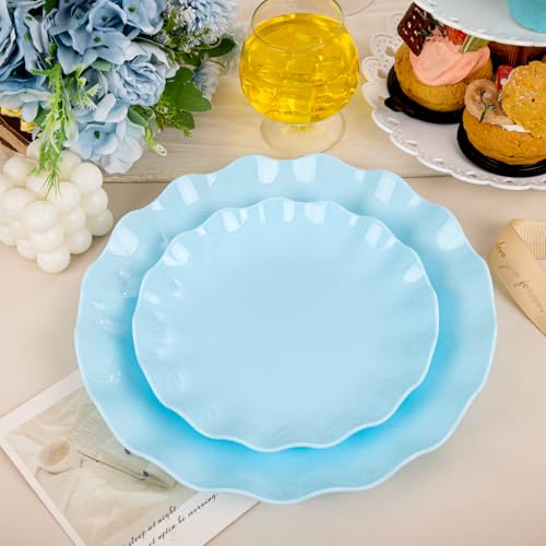 LIYH 24Pcs Light Blue Scalloped Plastic Plates Reusable For Party Events - color: Blue, size: 24(12 Guests)